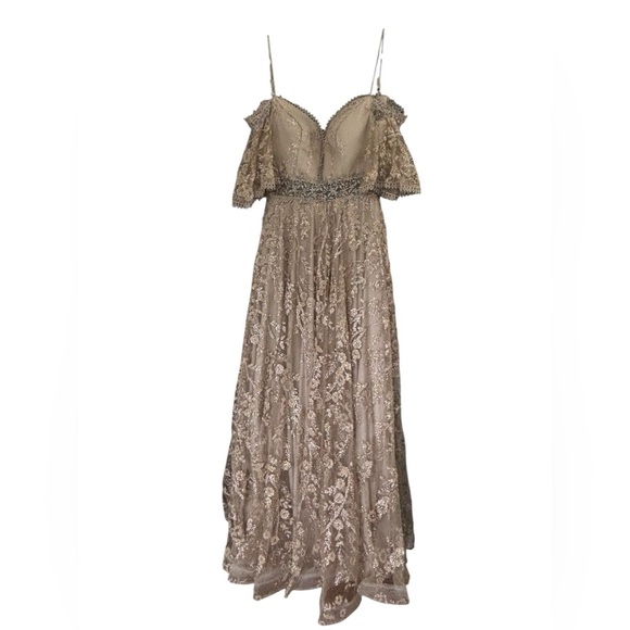 Gunbeyi Women's Formal Ball Gown Tan Beige Champagne Beaded Sparkle Size 38 8 - Picture 1 of 6